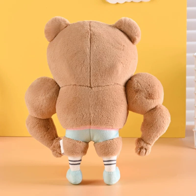 WuliBuddy brown smile muscle bear plush toy character on yellow background