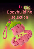 wulibuddy Pink muscle bodybuilder character with a green hat and pink arm bands on a colorful background