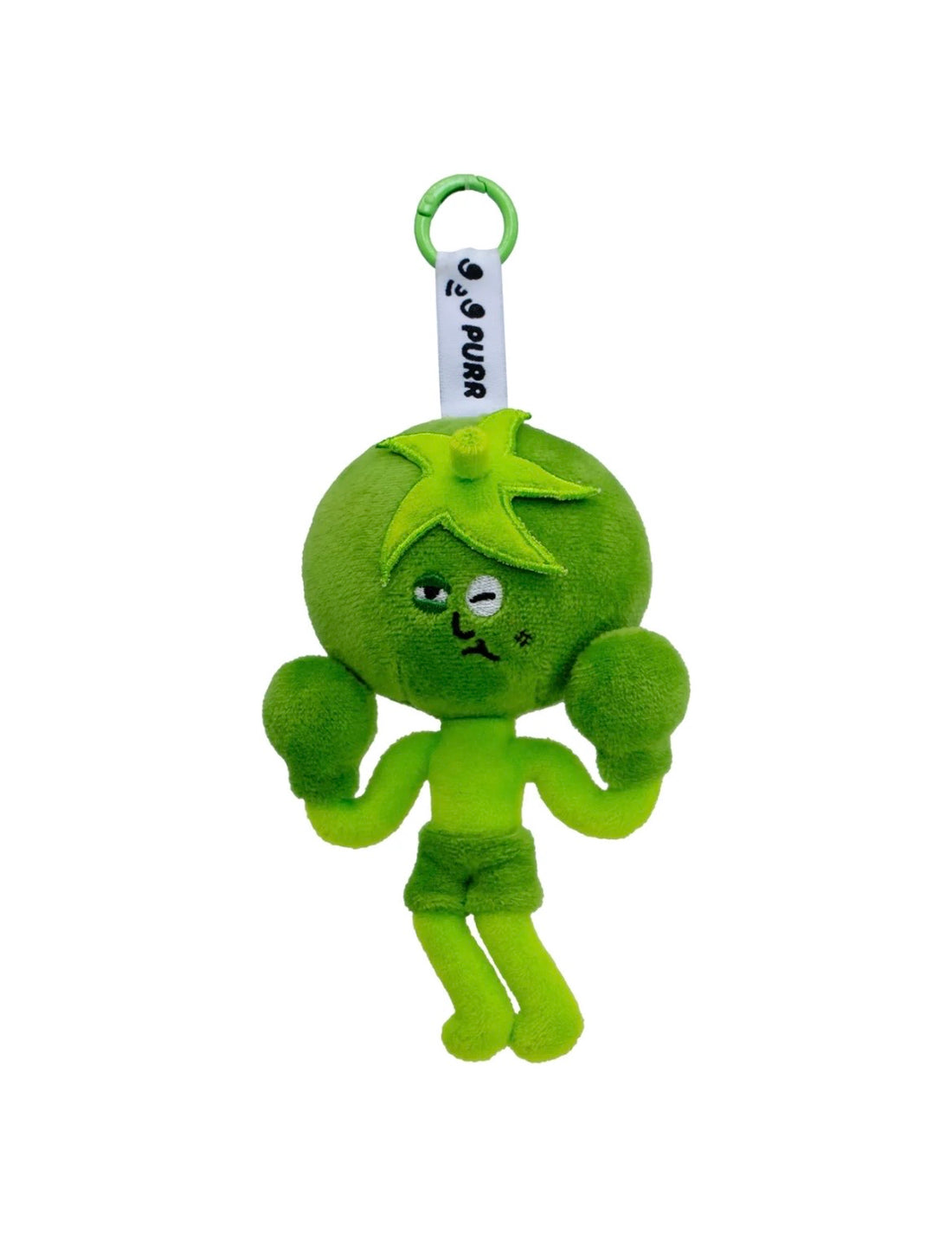 Wulibuddy Purr green Boxing Tomato Buddy plush bag  Charm & keychain accessory two plush keychains shaped like a green tomato  and a red tomato on a black leather bag.