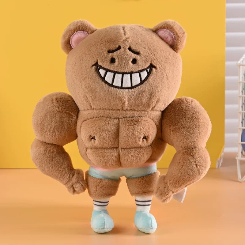 WuliBuddy brown smile muscle bear plush toy character on yellow background