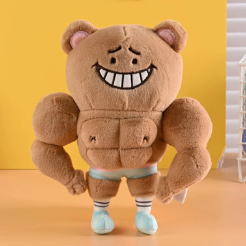 WuliBuddy brown smile muscle bear plush toy character on yellow background