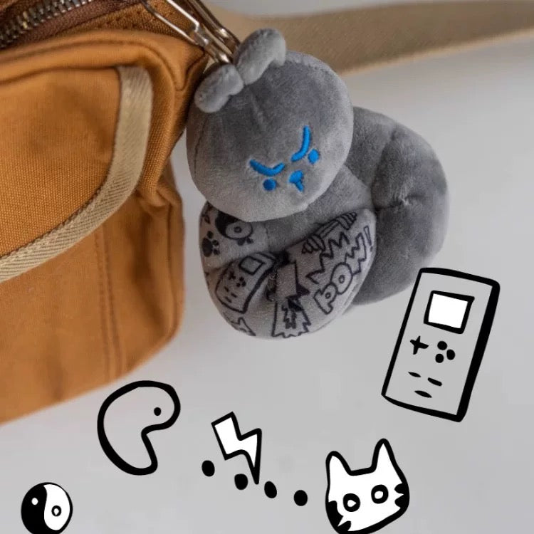 WuliBuddy grey rabbit plush bag charms muscle character gym keychain accessory hanging on a bag