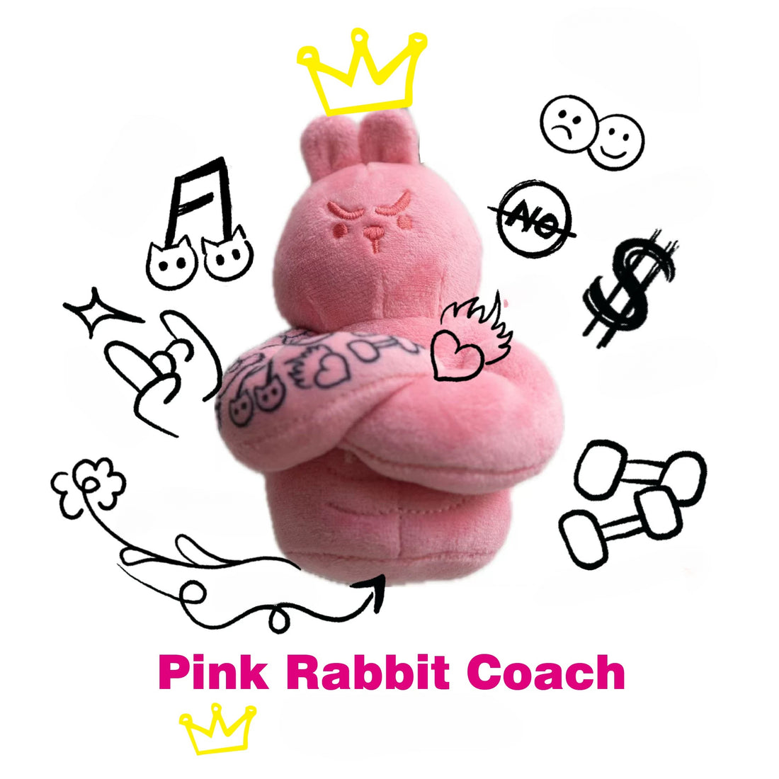 WuliBuddy pink rabbit plush bag charm muscle character gym accessory with tattoo style design