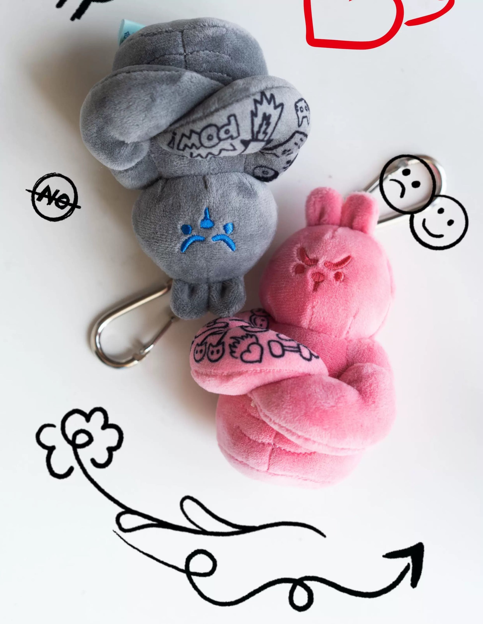 WuliBuddy pink rabbit and gray character plush bag charms gym buddy keychain accessories