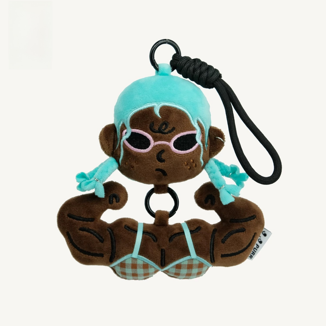 wulibuddy Purr Mint Mood Baddie with turquoise hair and checkered bikini plush Bag Charm & keychain accessory  on a white background