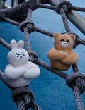 wulibuddy Rabbit Coach Buddy plush Bag Charm&keychain accessory a white rabbit and a brown bear, hanging on a rope net.