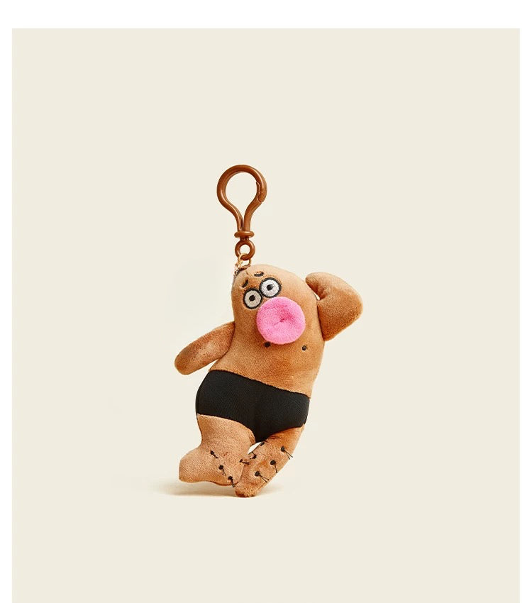 wulibuddy cheese plush bag charm & keychain accessory with a pink nose on a beige background