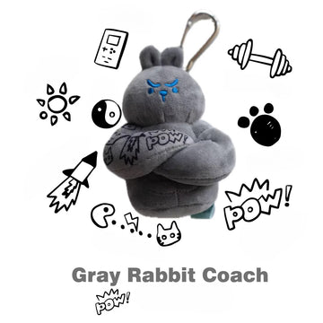 wulibuddy gray Coach Rabbit plush Bag Charm & keychain accessory on a white background