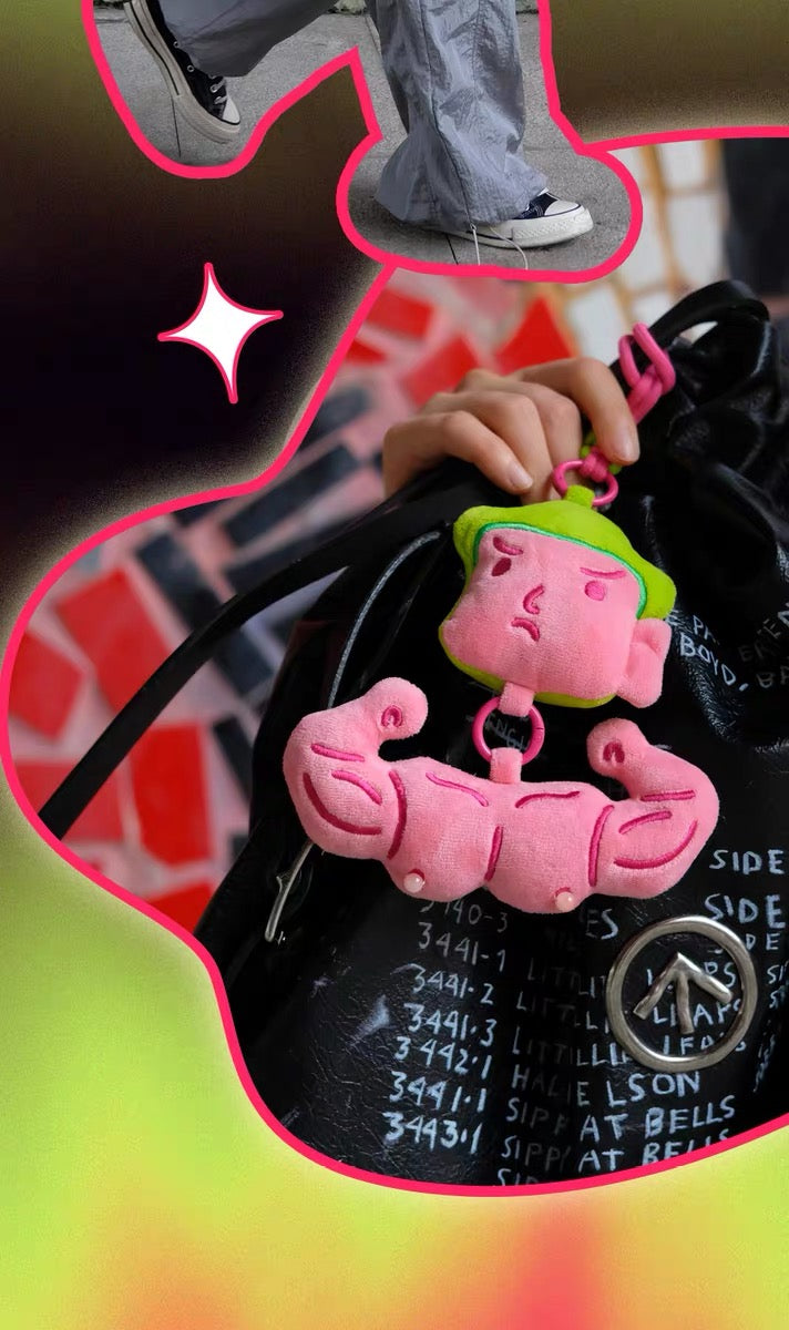 WuliBuddy bodybuilder plush bag charm muscle character gym buddy keychain accessory attached on a black bag