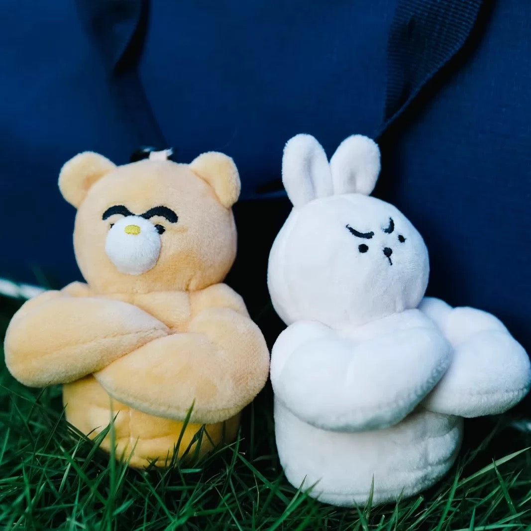 wulibuddy Coach Bear plush Bag Charm & keychain accessory attached to a white and navy bag on grass